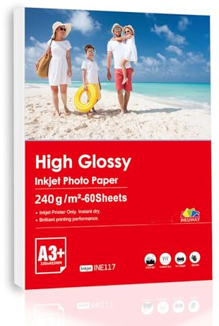 Inkuway 60 Blatt A3 Plus A3+ 240 g/m² – Hochglänzendes Premium-Tintenstrahl-Fotopapier 13 x 19 Zoll für DIY-Tintenstrahldrucker zum Drucken von Fotos