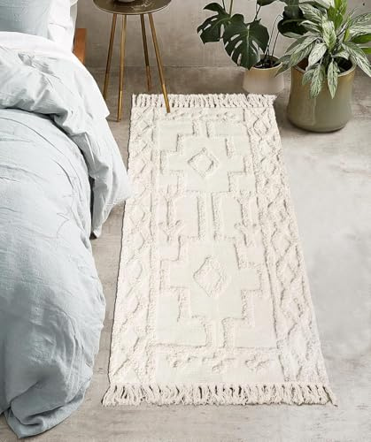 JaeMoose Tapis de couloir Boho, en coton, tapis de cuisine lavable avec franges, tapis tissé à la main, tapis marocain pour les couloirs, les chambres, les salles de bain (Beige, 60 x 130 cm)