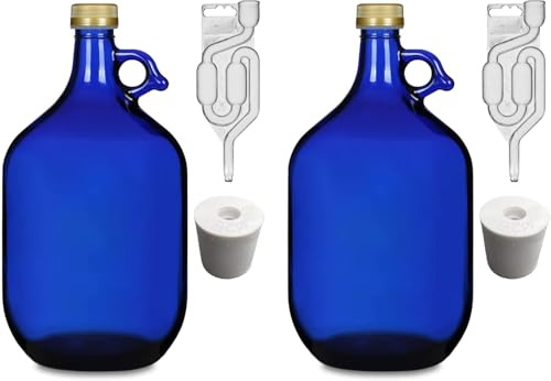 lilawelt24 5L Premium blaue Flasche +STOPFEN +GÄRRÖHRCHEN|GÄRBALLON Weinballon Glasballon Weinflasche| Weinset Gärbehälter/brauen/Wein Machen/Glasflasche (2x SET)