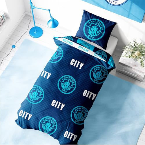 Character World Manchester City Single Duvet Cover Set, Iconic Design | Blue Reversible 2 Sided Football Bedding Cover Official Merchandise Including Matching Pillow Cases