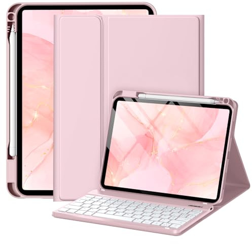 drivego Coque Clavier pour iPad A16 11/10 Ème Generation (11 Pouces 2025/10.9 Pouces 2022), Étui Keyboard à Touches Anti-Arrachage avec Porte Crayon, AZERTY Layout pour iPad 10eme/11eme, Rose Clair