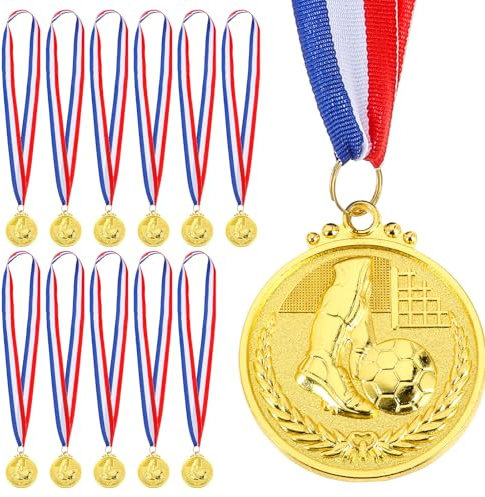 12 Pack Soccer Medals, Metals Gold Award Medals Soccer Trophy Team Participation Trophies with Red, White, And Blue Striped Ribbon Suitable for Sports Competitions Celebration and Party Favors