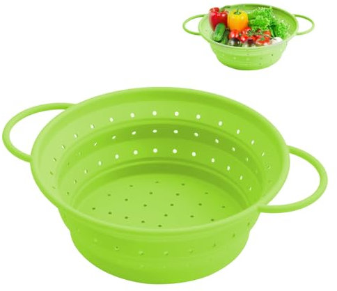 Colador plegable de 21,5 cm, colador de cocina, colador de silicona, colador de cocina, cesta de verduras y frutas, para escurrir pasta, frutas y verduras, color verde