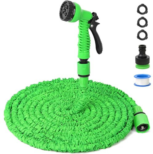 Flexibler Gartenschlauch Wasserschlauch Dehnbar Garten - 15M Gartenschlauch Flexibel mit 7 Funktion Garten Handbrause, Grün