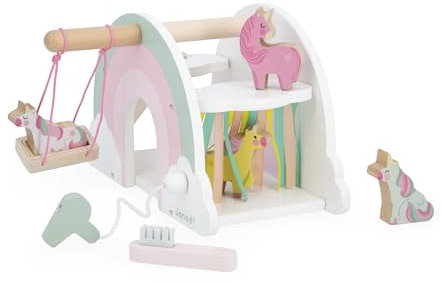 Janod - Maison en Bois des Licornes - Thème Licorne - Jouets en Bois FSC - Inclus 6 Accessoires : 4 Licornes, 1 seche Cheveux, 1 Brosse, 1 balancoire, 1 Toboggan - Dès 18 Mois - J08591