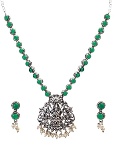 Efulgenz Indian Jewelry Set Oxidized Choker Necklace Earrings Set Green Indian Oxidized Jewelry Antique Boho Crystal Faux Pearl Religious Goddess Laxmi Pendant Necklace Dangle Earrings Bohemian Statement Jewelry Set for Women