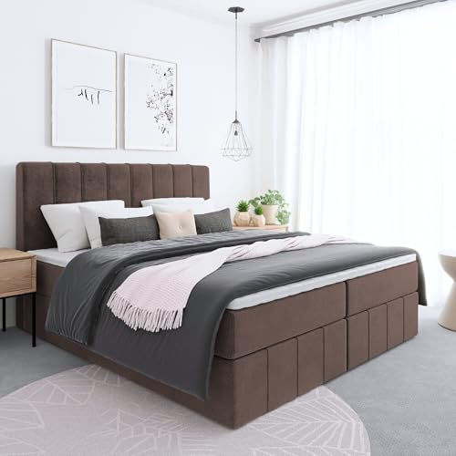 EURO-MOEBEL Bett Doppelbett Boxspringbett MEGII mit Bonell-Matratze ohne Topper + 2 Bettkästen, H3 (Braun: ITAKA 20, 140 x 200 cm)
