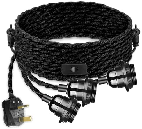 3-Light Hemp Rope Plug in Pendant Light Cord, Triple Sockets Hanging Lighting Fixture with On/Off Switch-UK Plug, DIY 5.5m Twisted Suspended Ceiling Lamp Kit for Kitchen Island Living Room (Black)