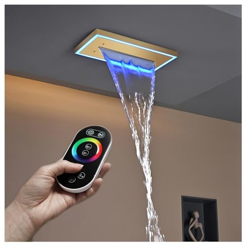 PINCHU LED Shower Head 40X20CM Rectangular Showerhead, Waterfall Ceiling Mount Showerheads, 304 Stainless Steel, with Remote Control 64 Color Lights