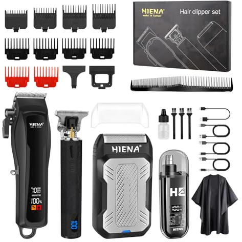 HIENA PRO Professional Hair Clippers Men, Complete Barber Kit, Cordless Hair Clippers, Beard Trimmer, Aluminium Foil Shaver and Nose Hair Clippers Type-C Rechargeable Barber Clippers with LED Display