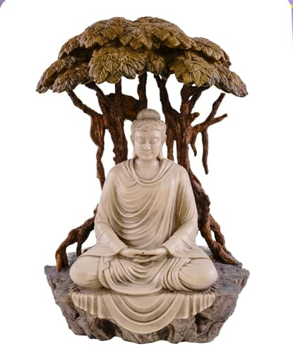 Kremers Schatzkiste Figura de Buda sentado – Árbol de la vida 37 cm pintado a mano de poliresina – detallada, gran decoración para meditación, salón y jardín – paz y armonía para tu hogar