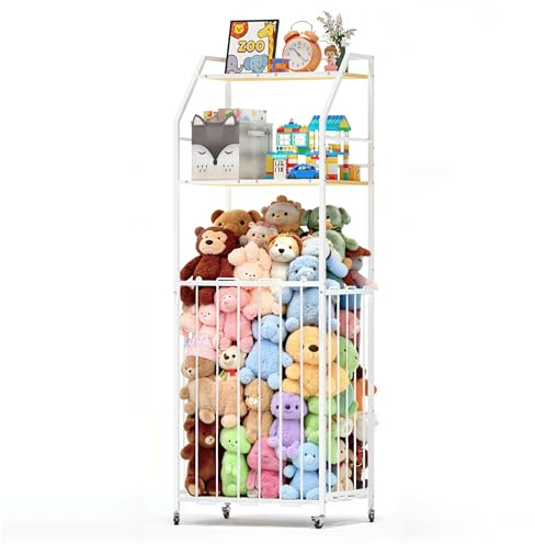 Emfogoo Kuscheltier Aufbewahrung, 3 Stöckig Spielzeug Aufbewahrung mit Bremsrad, Groß Plüschtier Aufbewahrungs de Holz und Metall, Platzsparendes, für Kinderzimmer, Schlafzimmer, Babyzimmer (57,9”H)