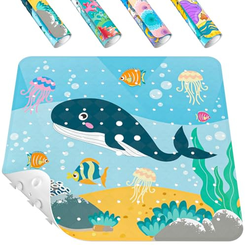 HITSLAM Quadratische Duschmatte rutschfest Kinder, 53 x 53 cm Baby antirutschmatte dusche, Badewannenmatte mit starken Saugnäpfen und Abflusslöchern, weich für die Füße, maschinenwaschbar, Wal