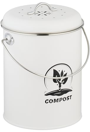 Relaxdays Komposteimer Küche 5,5 Liter, Mülleimer mit Deckel und Geruchsfilter, Abfalleimer Biomüll, Eisen, weiß