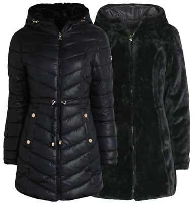 Jessica Simpson Womens Puffer Jacket - Faux Fur Lined Long Coat Winter - Insulated Reversible Hooded Winter Jacket for Women, Size Medium, Black Ink