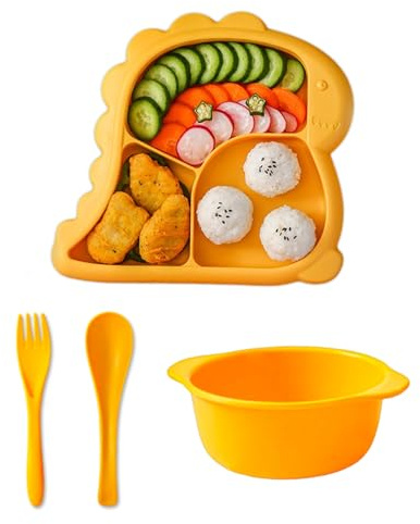 Baby Teller, Rutschfest Kindergeschirr Set, PP Babygeschirr für Kühlschränke und Mikrowellen, Teller kinder Geteilte Esslernteller, Baby Essen Zubehör für Kleinkind und Kinder, Gelb Dinosaurier
