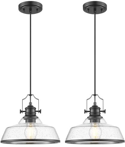 kudos 2 Pack Pendant Lights Kitchen Island, 11 Black Kitchen Island Lighting with Seeded Glass Shade, Farmhouse Large Hanging Light Fixture for Kitchen Sink Dining Room, KDPL13-BK-S-2PK