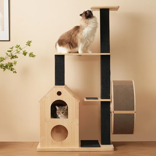 Katzenbaum aus Massivholz mit Laufrad,mit 4 Plattformen, 2 Katzenhäusern, Sisalpfosten & waschbaren Kratzmatten,Katzenrolle, Katzenlaufrad, Kratzbaum, Katzenklettergerüst (Natur, 80×40×152cm)