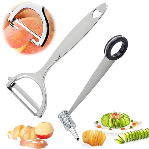 CHENNAN Espiral de verduras espiralizador para fideos de verduras cortador de verduras de acero inoxidable, con rebanadora de pelador de verduras, Adecuado para Frutas, Pepino, Manzana, Patata (Plata)