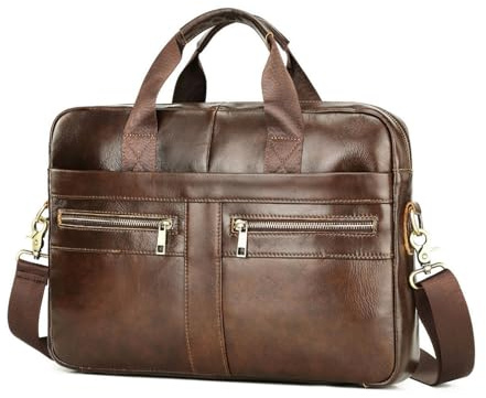 FANDARE Läderportfölj för män, dokumentväska, affärsväska, business, messengerhandväska, mapp, portfölj, axelväska för 15,6 tums laptopväska, handtag för arbete och resor, BRUN, Large