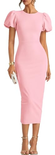 ZESICA Women's Summer Short Sleeve Bodycon Midi Dress 2026 Spring Elegant Formal Wedding Guest Cocktail Party Dresses Pink Small