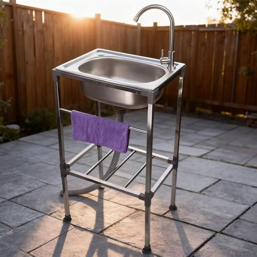 Lavello in Cucina 1 Vasca Acciaio Inox Mobile con Rubinetti per acqua calda e fredda Autoportante Interno e Esterno Lavandino Commerciale con Supporto,Facile Da Pulire