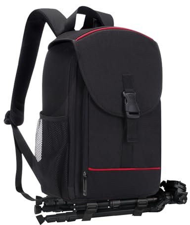 Mochila fotográfica negra para cámaras réflex y sin espejo, 35 x 25 x 18 cm | Incluye funda de lluvia negra, correas inferiores para trípode y bolsillos laterales de malla.