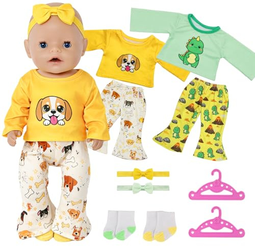 Atomvia Baby Puppen Puppenkleidung 43 cm, 10-teiliges Puppen Outfit Set mit Dino und Hunde Oberteil, Schlaghose, Haarbändern, Socken und Kleiderbügeln, Babypuppen Kleidung 35–43 cm (Ohne Puppe)
