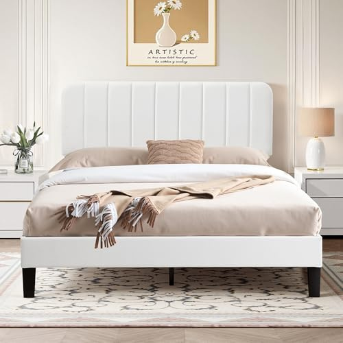 VECELO Polsterbett 140 x 200 cm Doppelbett, Höhenverstellbarem Kopfteil, Massivem Holzlattenrost, Samtstoff und Einfache Montage, für Schlafzimmer und Gästezimmer, Weiß