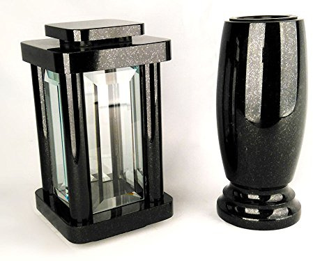 designgrab Set Grablampe Modern 25,5 cm mit Grabvase Classico Medium 25 cm aus Granit Schwedisch Schwarz
