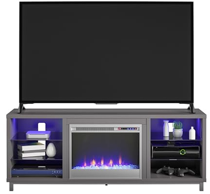 Ameriwood Home Lumina Kamin-TV-Ständer für Fernseher bis zu 70 Zoll, austauschbarer elektrischer Kamineinsatz, Fernbedienung, Timer, farbwechselnde LED-Leuchten, Kristall-Glutflammen, Graphitgrau