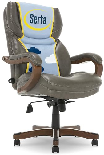 Serta Conway Big & Tall Executive Office Chair, Ergonomic High-Back with Adjustable Lumbar, Semi Plush Cushion and Body Pillows, Padded Armrests, Wooden Swivel Base, Bonded Leather, Gray