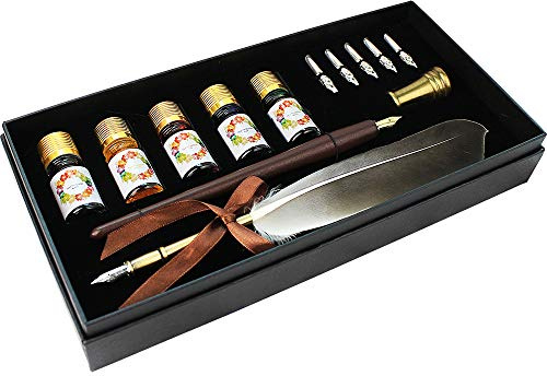 FEATTY GIFTS Calligraphy Pen Set,12-Piece Kit, 5 Nib & 5 Ink Set,Writing Quill Pen,Anitque Dip Feather Pen Set (wood+feather)