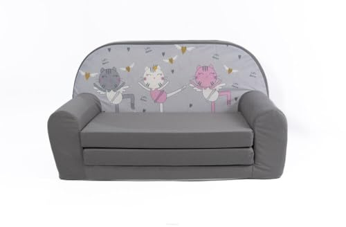 FORTISLINE Kindersofa MINI ausklappbar 78 x 40 x 45 cm - Kindercouch aus Mikrofaser mit Liegefläche 104 cm, abnehmbarem waschbarem Bezug, Oeko-TEX Standard 100, Kätzchen