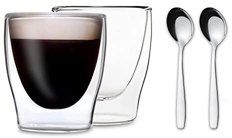 Feelino - Set di 2 bicchieri a doppia parete da 80 ml + 2 cucchiai in acciaio inox