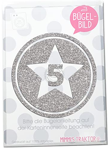 GLITZER Bügelbild Sternbutton mit Wunschzahl 10 cm SILBER Aufbügler Applikationen Bügelsticker für Stoffe Textilien Kinder zum Aufbügeln Flicken, Zahl:5