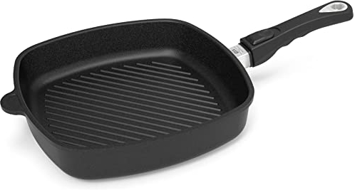 AMT Gastroguss Lotan® AMZN-E285G-Z20B - Sartén de esquina (28 x 28 cm, 5 cm de alto, con base de parrilla, mango extraíble, no apta para inducción, Lotan® antiadherente, aluminio fundido)