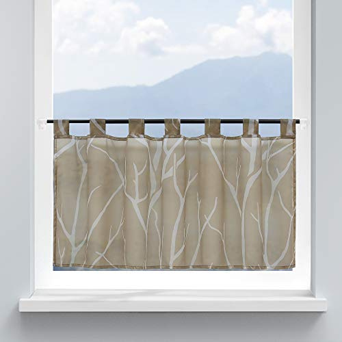HongYa Scheibengardine Küche Voile Bistrogardine mit Schlaufen Transparente Gardine für kleines Fenster Zweige Muster HxB 45/120cm Sand
