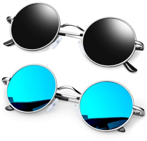 KANASTAL Retro Rund Sonnenbrille Herren Damen | Klassische, Polarisierte, Metallrahmen, Vintage Hippie Rave, UV400 Schutz, Verspiegelt, 70s 80s 90s, Festival, Coole Cosplay