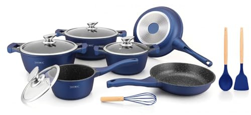 Royalty Line® Induktions Töpfe Set mit Deckel 13-teiliges Antihaft-Kochgeschirr-Set mit Induktionsgeeigneten Topfen und Pfannen, 2 Bratpfannen für Alle Herdarten, Blau