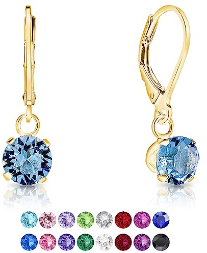 DTPSilver - Damen Klappbügel Ohrringe 925 Sterling Silber Gelb Vergoldet mit Kristallen 6 mm Runde - Farbe : Aquamarin