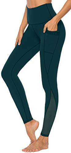 Persit Damen Sport Leggings mit Taschen - Blickdicht Lange Sporthose mit Mesh-Einsätzen