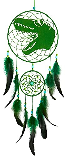 Basumee Dream Catcher for Kids Feather Dream Catchers Handmade Home Decor Wall Hanging with Double Ring for Nursery Bedroom Boys Room, Green Dinosaur