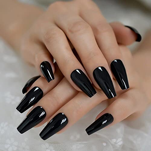 A N K 24 pieces Long Coffin Bellarine Tapered full coverage glossy false Nails, Fake Arcylic press on nails hand manicure for women and girls (black)