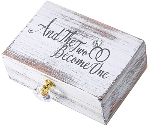 Wedding Ring Bearer Box and Then Two Become One Mr. and Mrs. Diamond Ring Box Holder Elegant Wedding Gift, 5W x 6D x 2H(Vintage White)