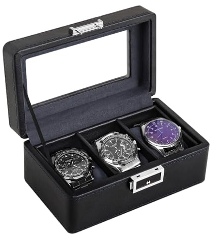 Anyasun Uhrenbox für Herren, 3 Fächer, Uhrenvitrine aus PU-Leder für Uhrenschmuck, Uhrenhalter mit Glasdeckel, Geschenk für Weihnachten