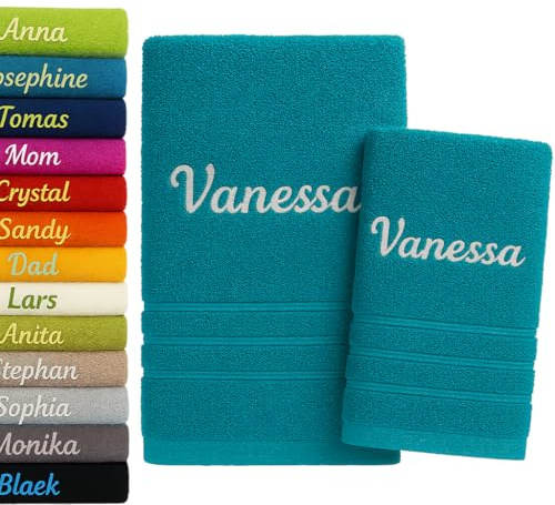 Pet-Jos 2er Pack Personalisiertes Handtuch und Badetuch mit Namen Schön gestickter Name Handbadetuch 100 % Baumwollhandtuch 50 x cm + 140 70 Personalized Custom Towel with (Türkis)