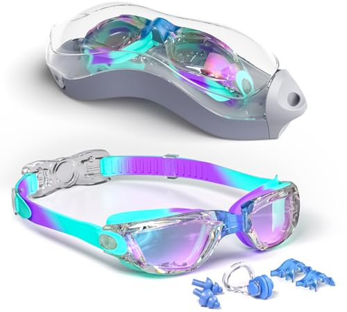 Hurdilen Kids Swim Goggles, Swimming Goggles for Kids Children, Anti-Fog Anti-UV Youth Swim Glasses with Nose Clip, Earplugs for Age 3-15