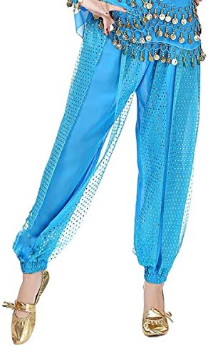 SamHeng Bauchtanz Haremshose, Damen Chiffon Tribal Arabisch Hose, Pailletten Glänzend Lose Bauchtanz Kostüm Pumphose für Bauchtanz Yoga Pilates Zumba Party Performance Kostüm