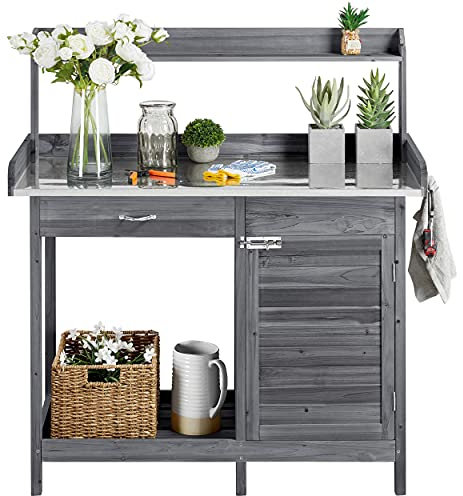 costoffs Potting Bench Table, Wooden Workstation w/Metal Tabletop & Side Hooks & Open Shelves & Cabinet Drawer